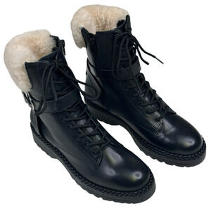 BCBG Maxazria Helina Black Leather Combat Boots Size 6.5 Faux Shearling New $298